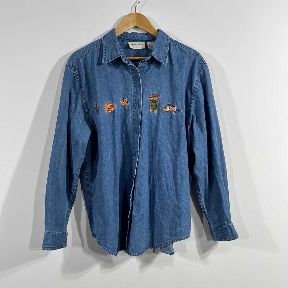 Lemon Grass VTG Cottagecore Denim Shirt Embroidered Fall Harvest Scarecrow 90s